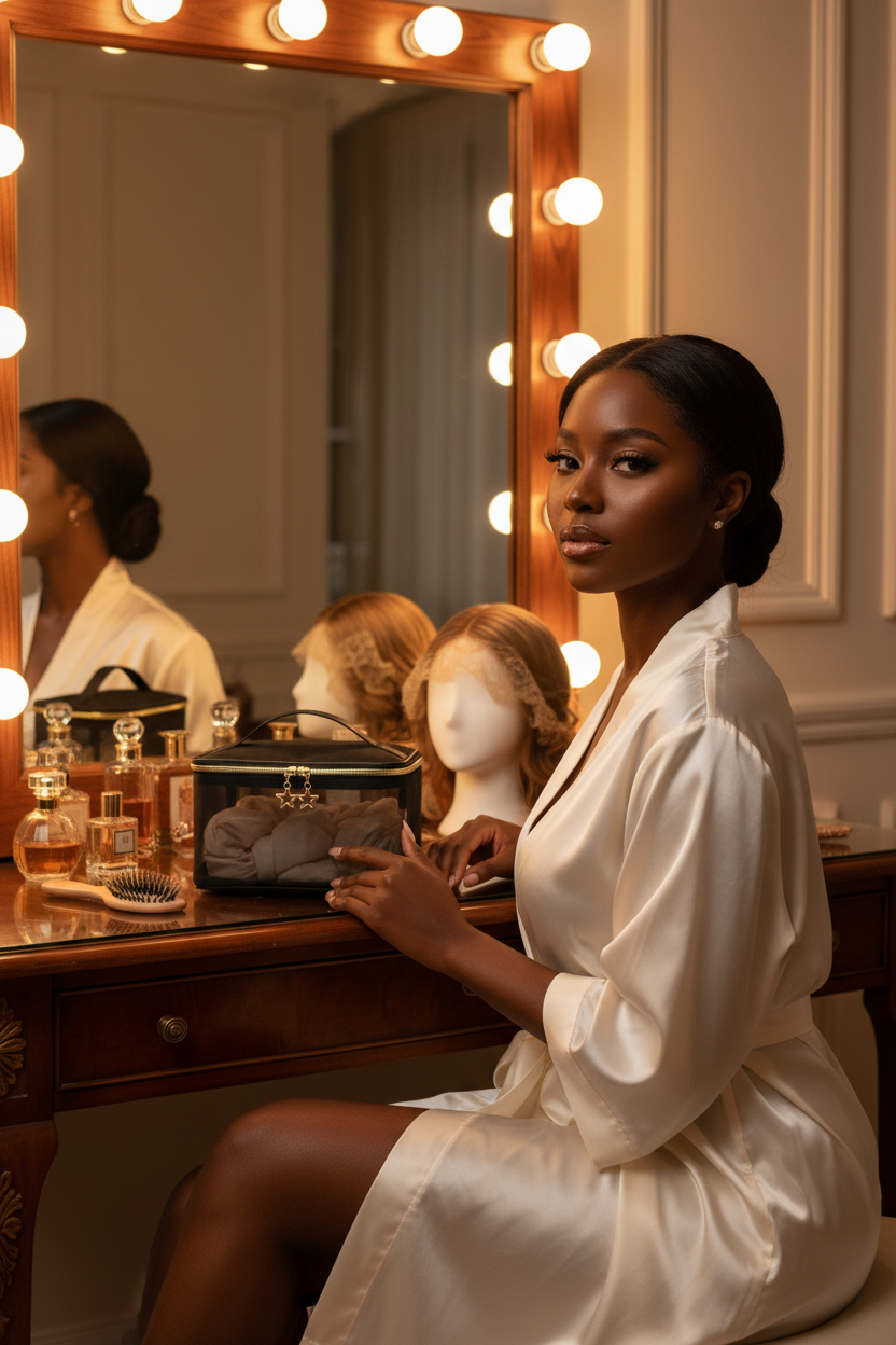 Black Woman at Vanity with Wig Storage Bag