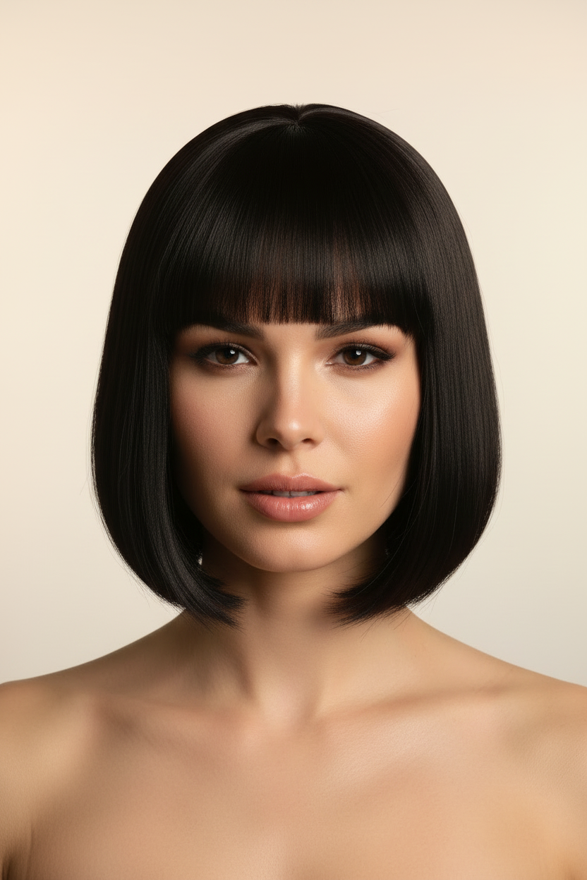 Straight Bang Bob Wig on Real Woman